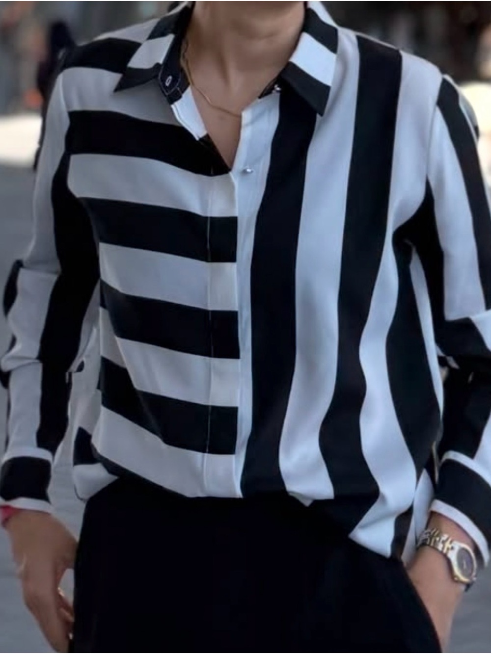 Dkny Black and White Vertical/Horizontal Stripe Button-Down Shirt